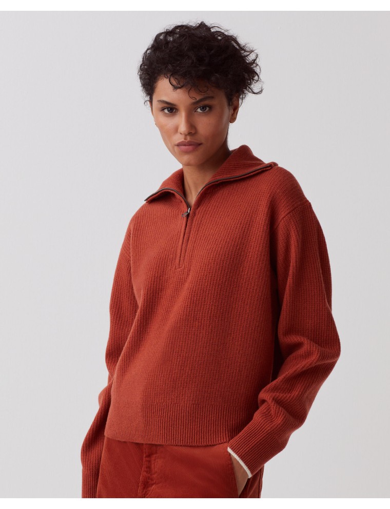 Pull à col camionneur zippé en laine orange