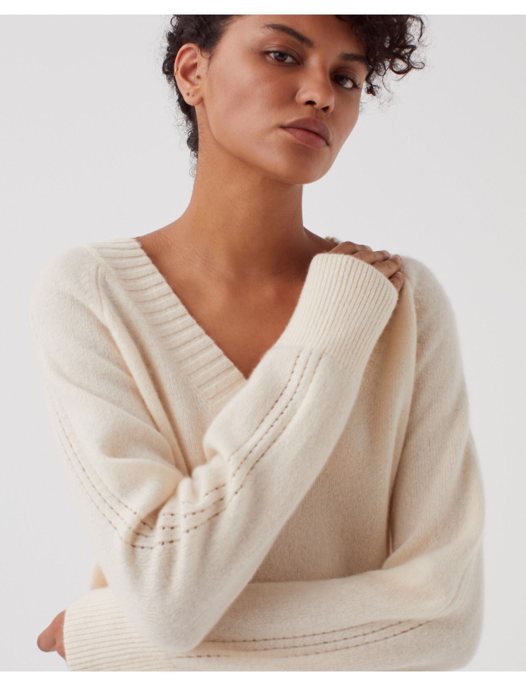 Pull col V en cachemire pearled ivory