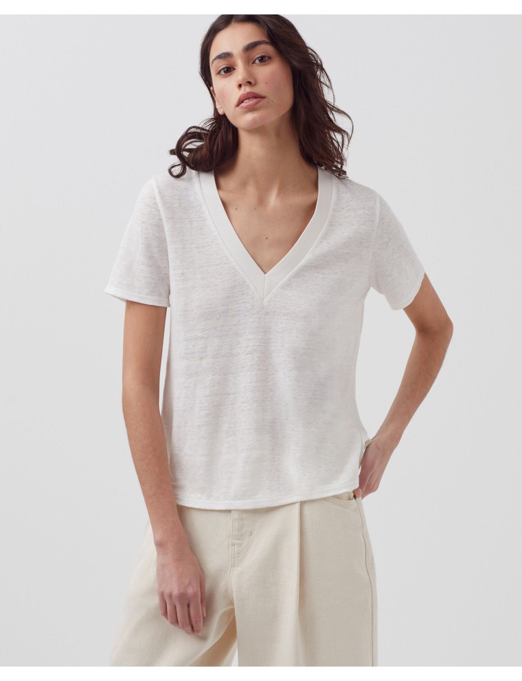 SARAH - T-shirt col V en lin brillant white