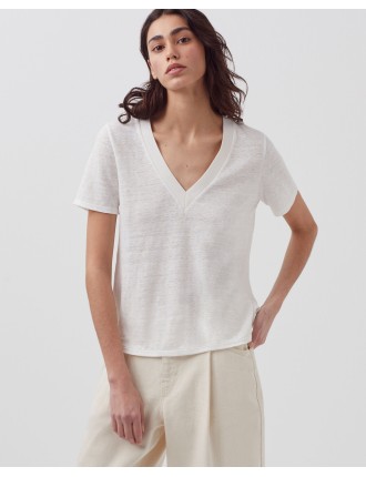 SARAH - T-shirt col V en lin brillant white