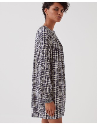 Robe courte fluide à manches longues houndstooth ble