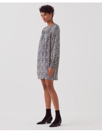 Robe courte fluide à manches longues houndstooth ble