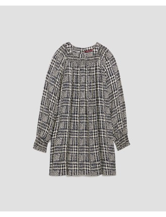 Robe courte fluide à manches longues houndstooth ble