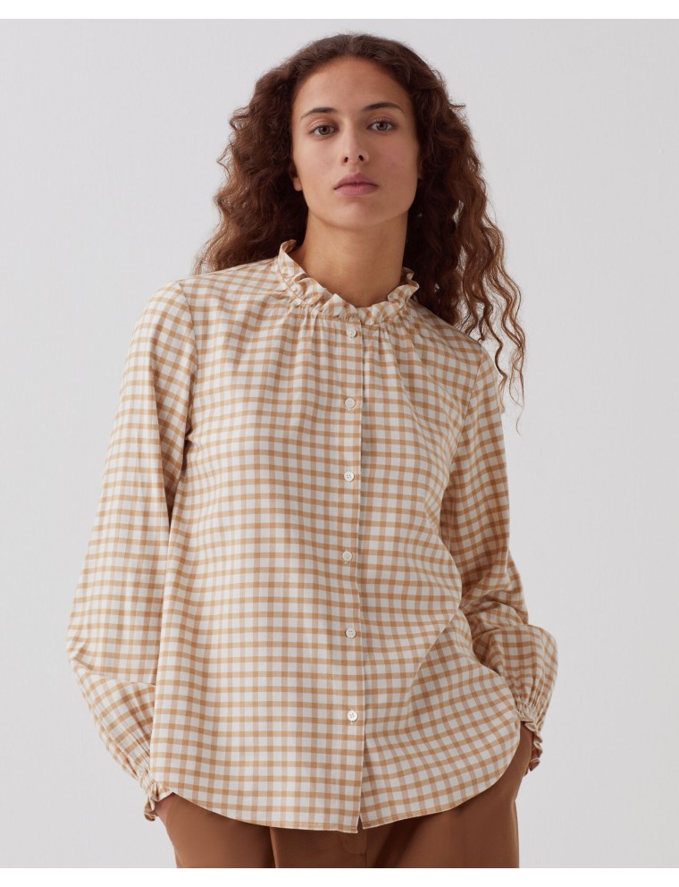 Blouse à col volanté check creme camel