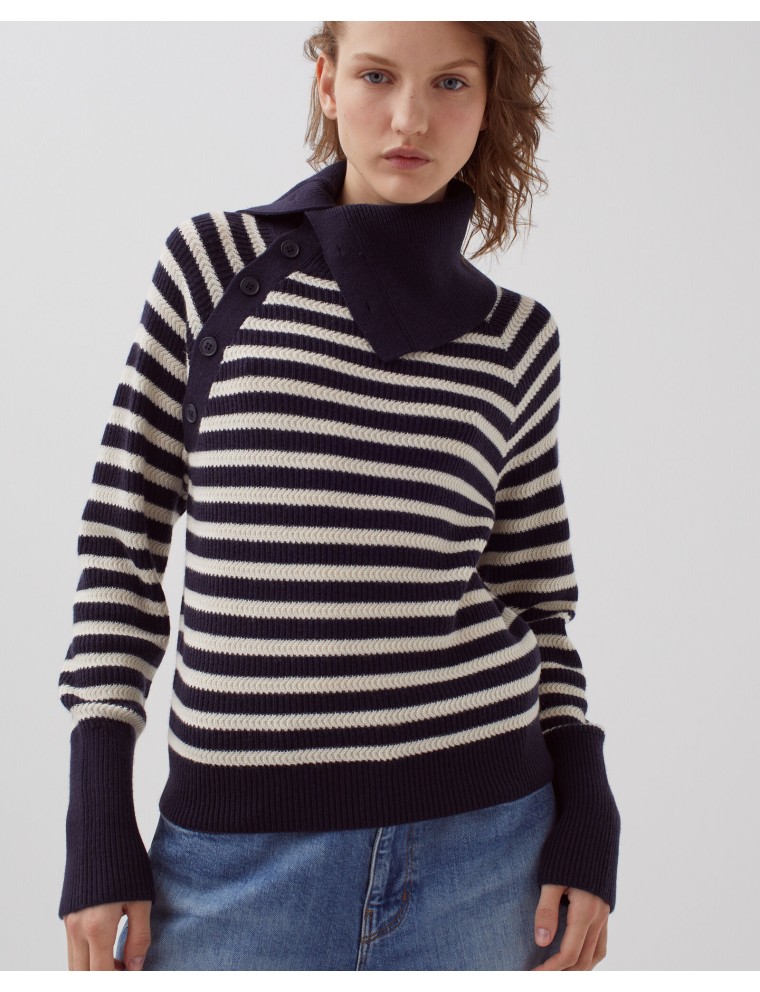 Pull marin col boutonné en laine mérinos st ecru navy