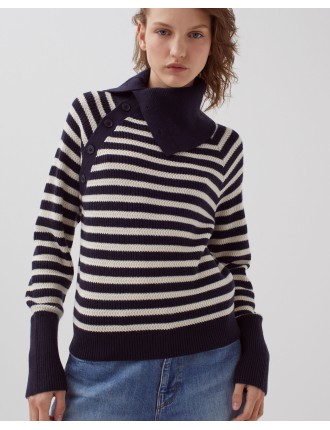 Pull marin col boutonné en laine mérinos st ecru navy