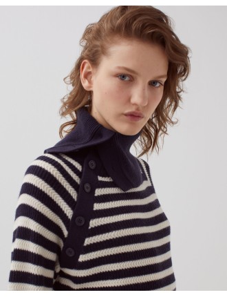 Pull marin col boutonné en laine mérinos st ecru navy